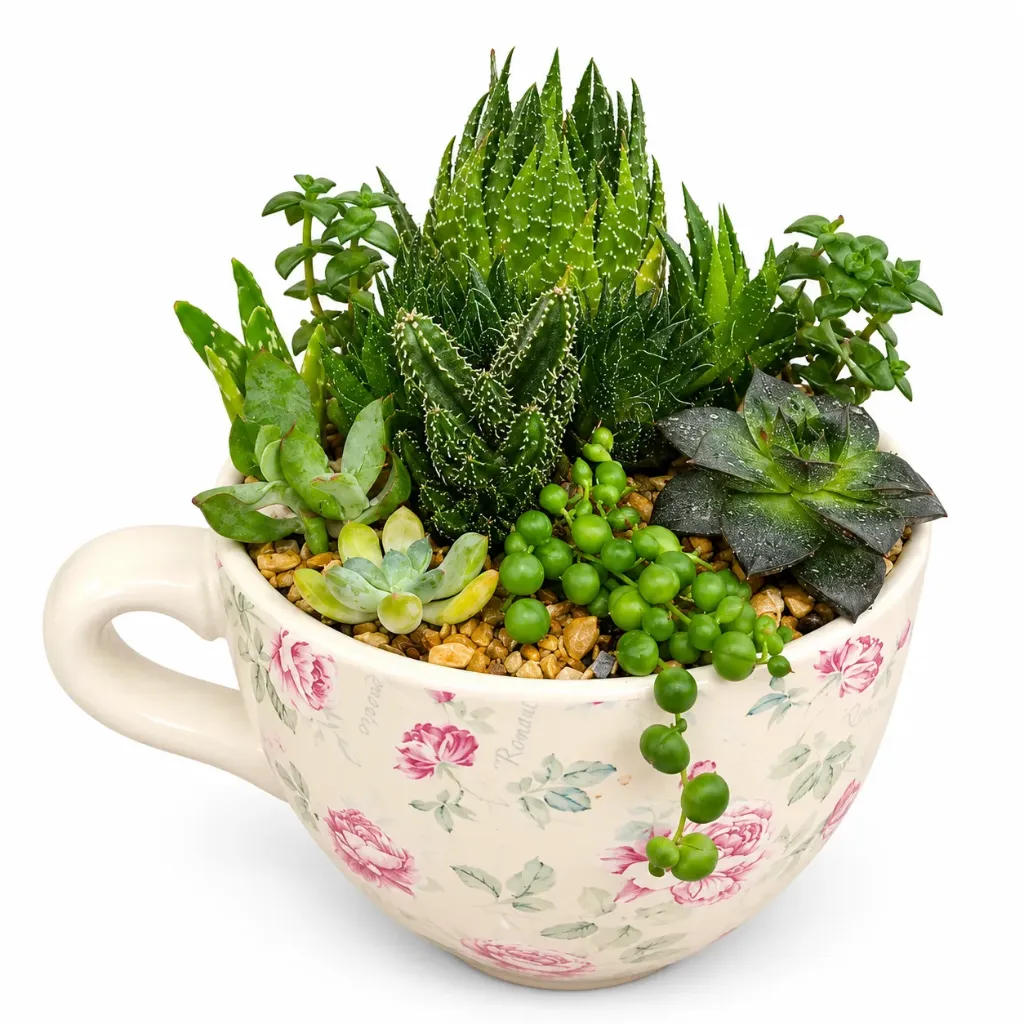 [TR-4040] Vintage Teacup Succulent Arrangement تنسيق عصاريات بكوب مزخرف